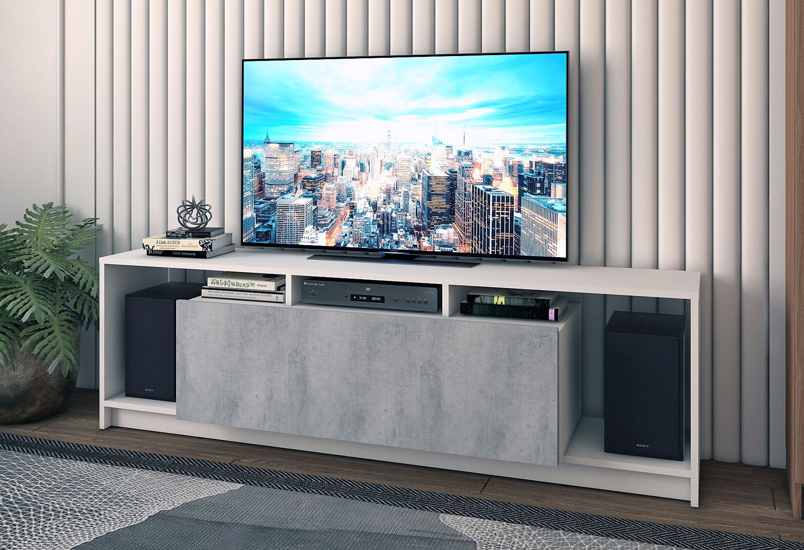 Тумба під ТВ з дверкою та полицями 1600 мм, Білий / Бетон